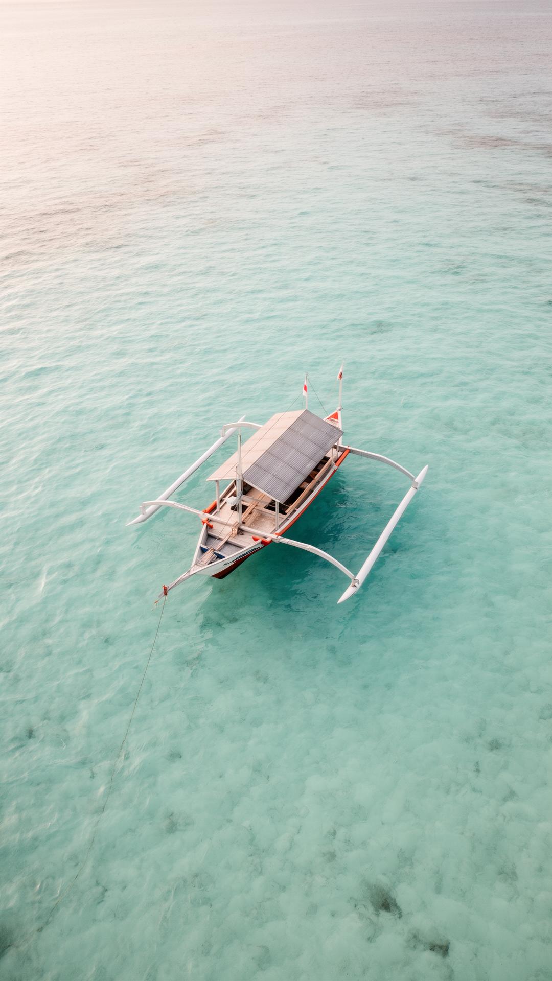 A lone traditional bangka boat resting on calm turquoise Philippine waters